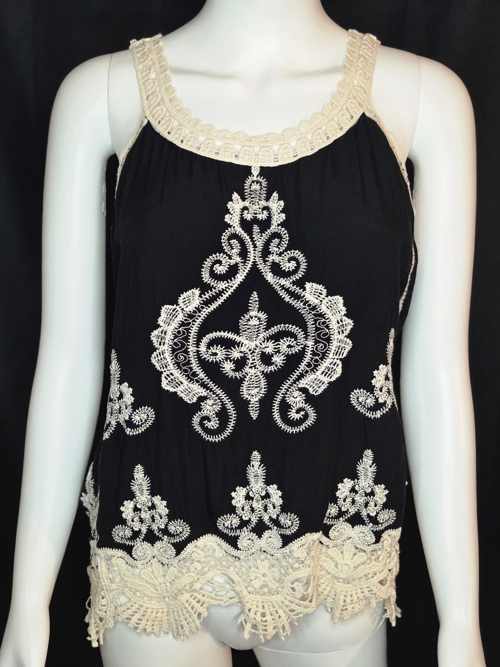 Ultra Pink Boho Beachy Dainty Black Camisole with Cream Crochet Trim